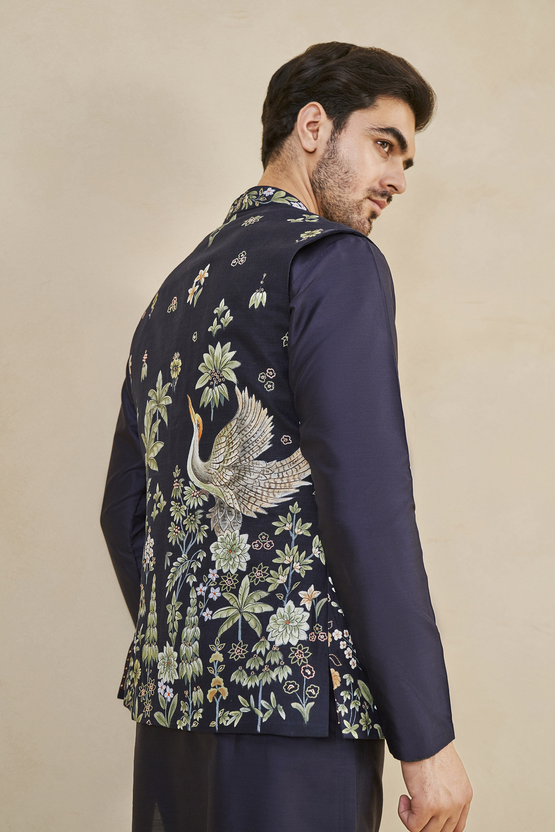 The Flamingo Spirit Hand-painted Pichhwai Silk Nehru Jacket - Navy, Navy, image 6